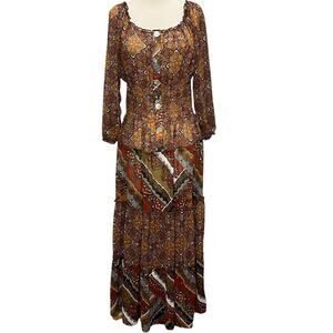 Anthropologie Fig And Flower Maxi Dress L Petite Multi Paisley Sheer Tiered Boho